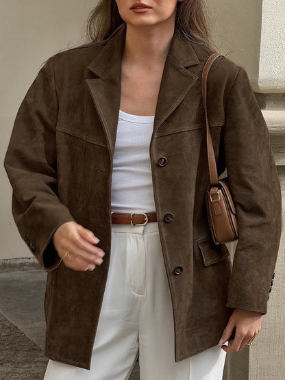 Vintage Brown Loose Pocket Long Sleeve Blazer