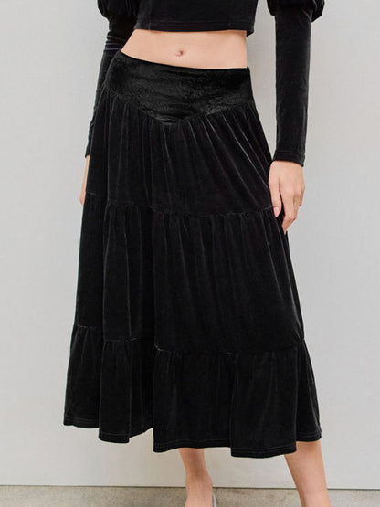 Fashionable Retro Temperament Lotus Leaf Velvet Mid-length Skirt