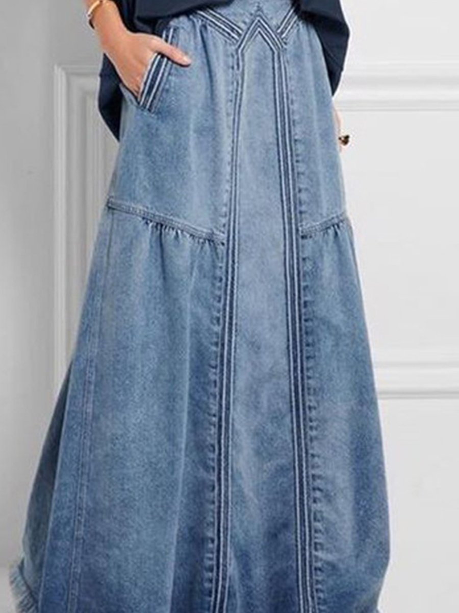 Fashionable Casual Strapped Brushed Elastic High Waist Simple Denim Skirt