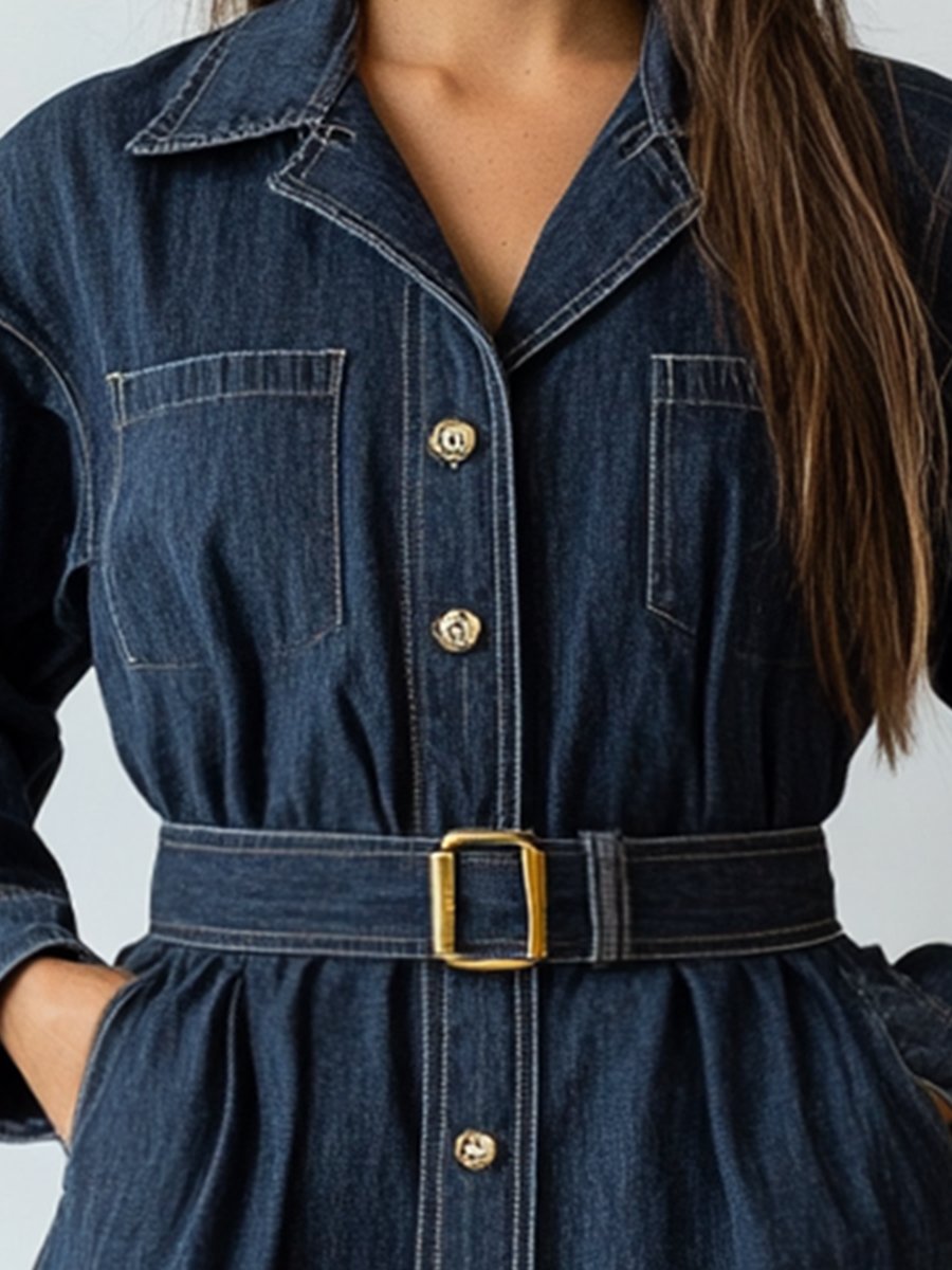 Retro Fashion Lapel Gold Button Pocket Short Denim Shirt Dress