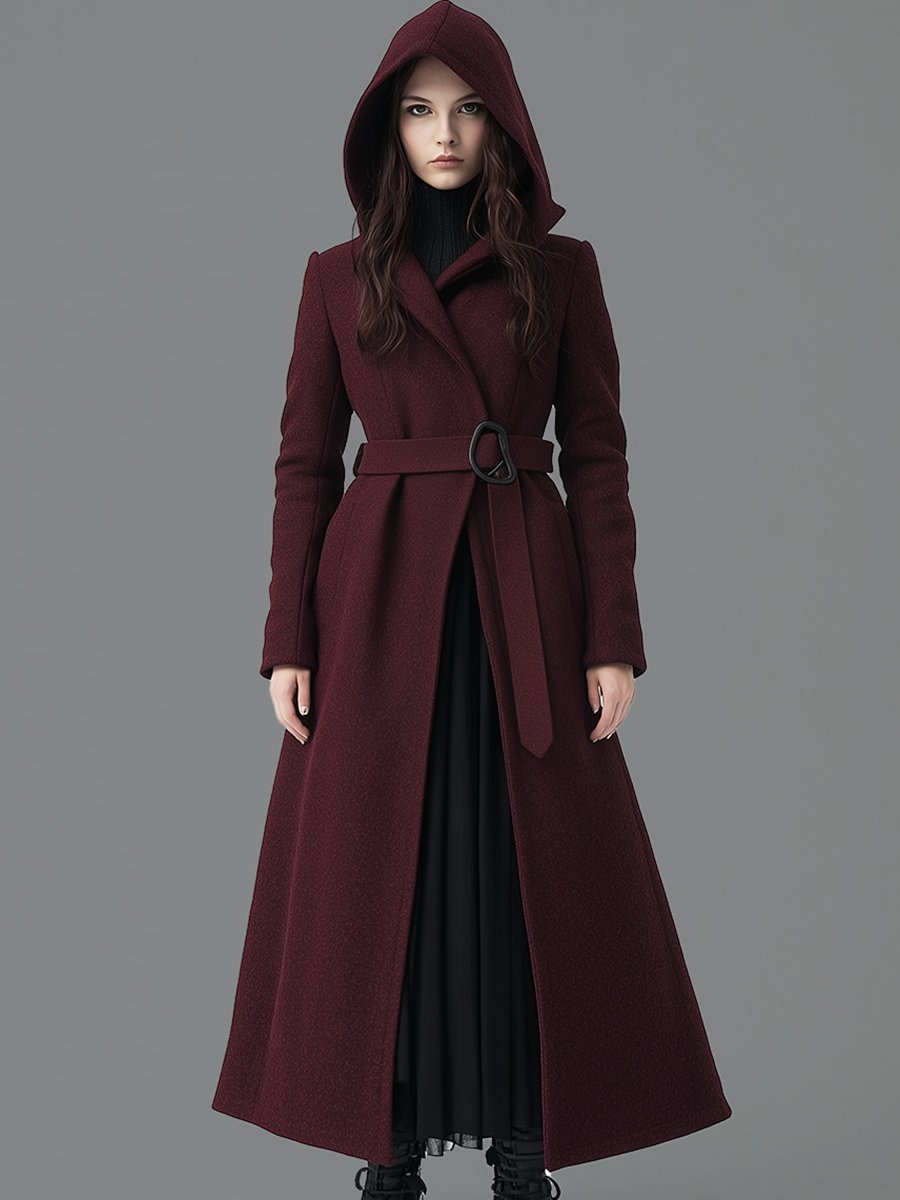 Retro Casual Hooded Waist Belt Long Coat