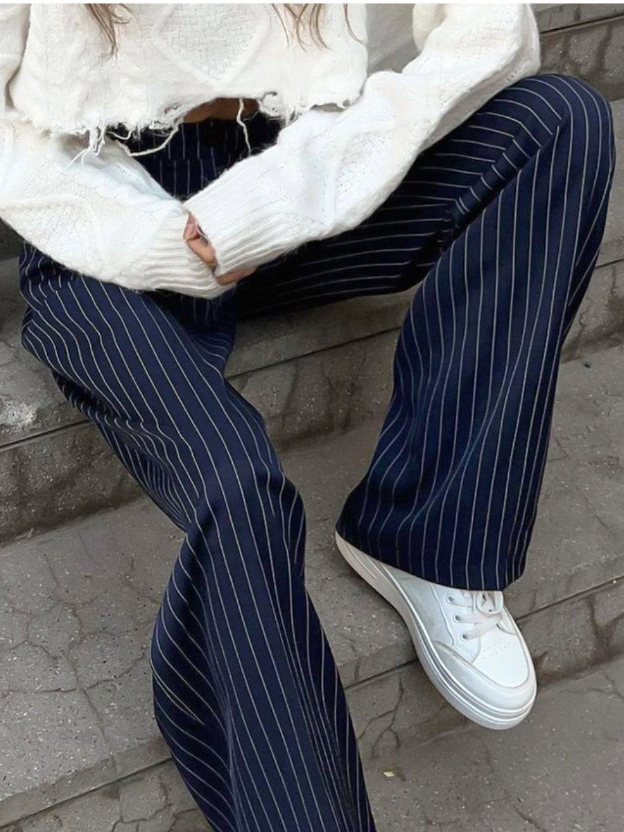 Fashion Casual High Waist Striped Navy Blue Wide Leg Pants