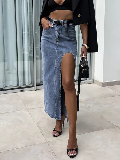 Fashion Street Retro High Waist Irregular Slit Denim Skirt