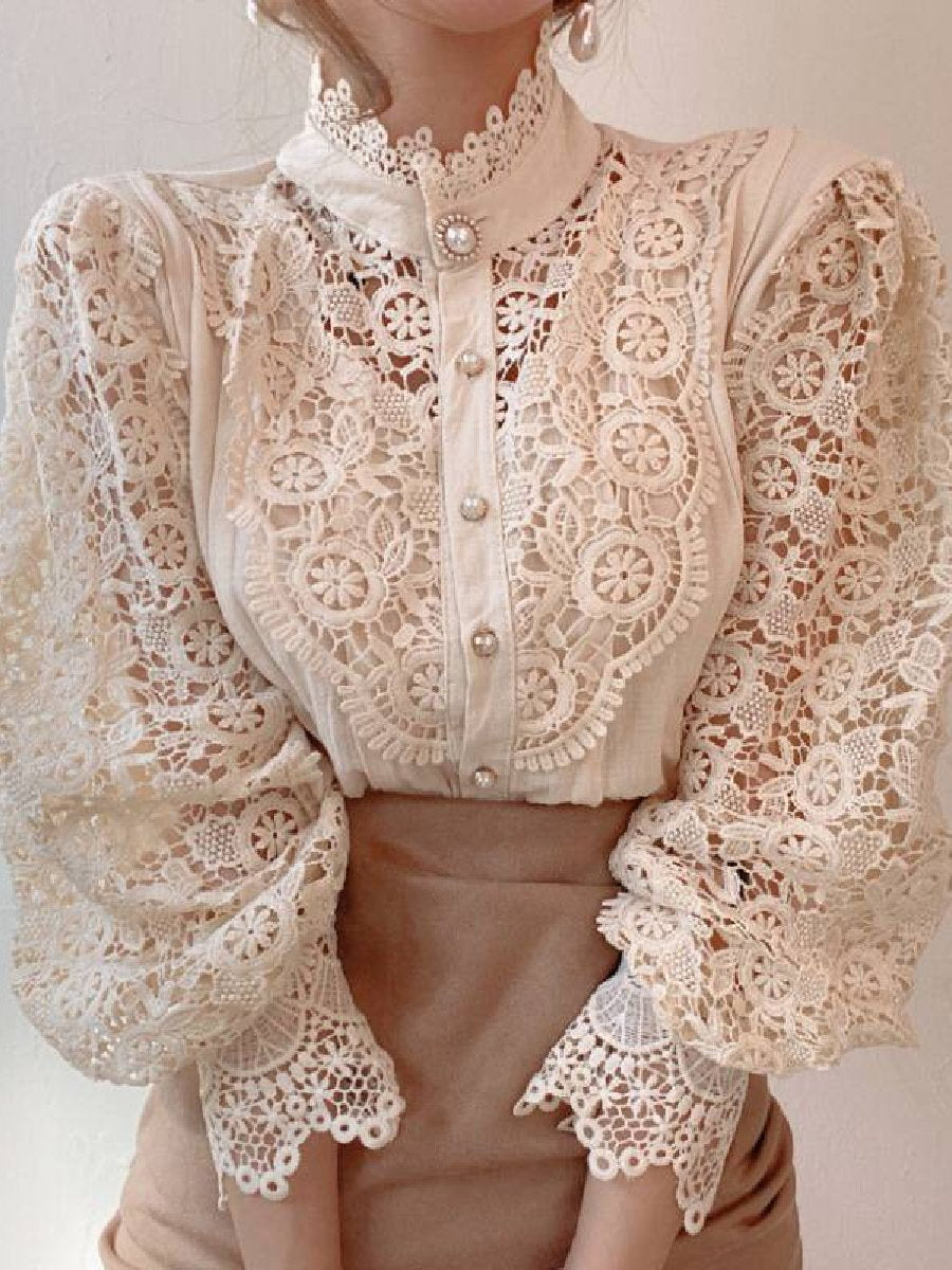 Luxurious Palace Style Lace Stand Collar Long Sleeve Shirt