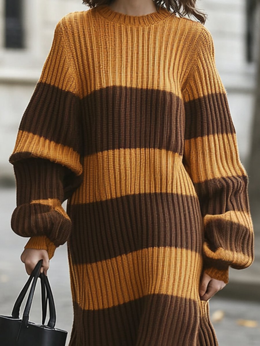 Fashion Casual Loose Oversized Round Neck Contrast Striped Knitted Maxi Dress