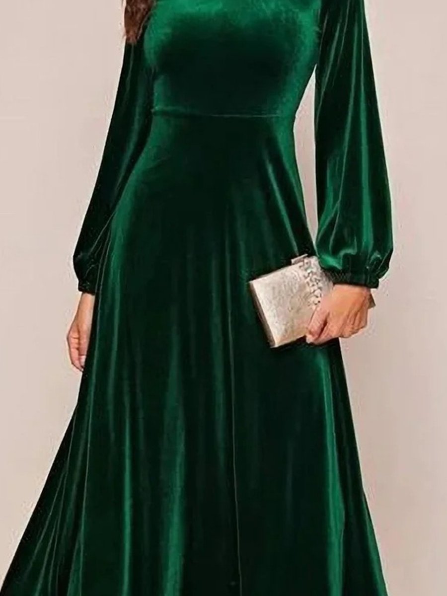 Retro Fashion Round Neck Long Sleeves Long Gold Velvet Dress