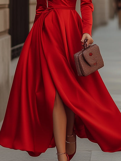 Elegant Satin V Neck Puff Sleeves Maxi Dress