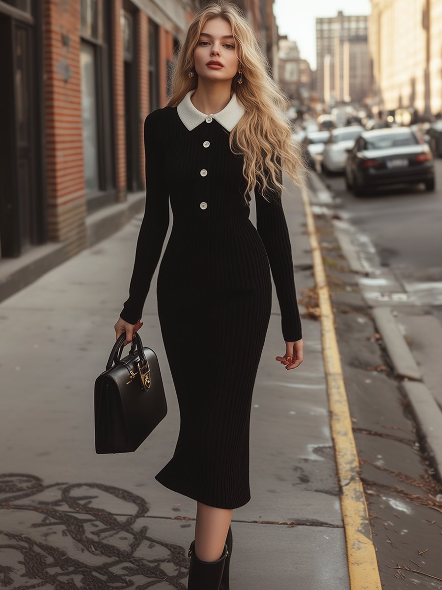 Retro Fashion Classic Black and White Knitted Slim Midi Dress