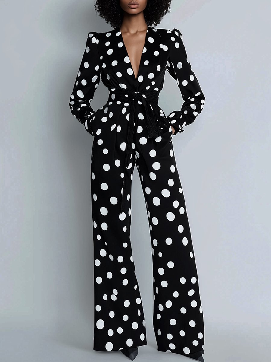 Fashion Retro Belt Lapel Large Polka Dot Long Sleeve Pocket Wide Leg Jumpsuit