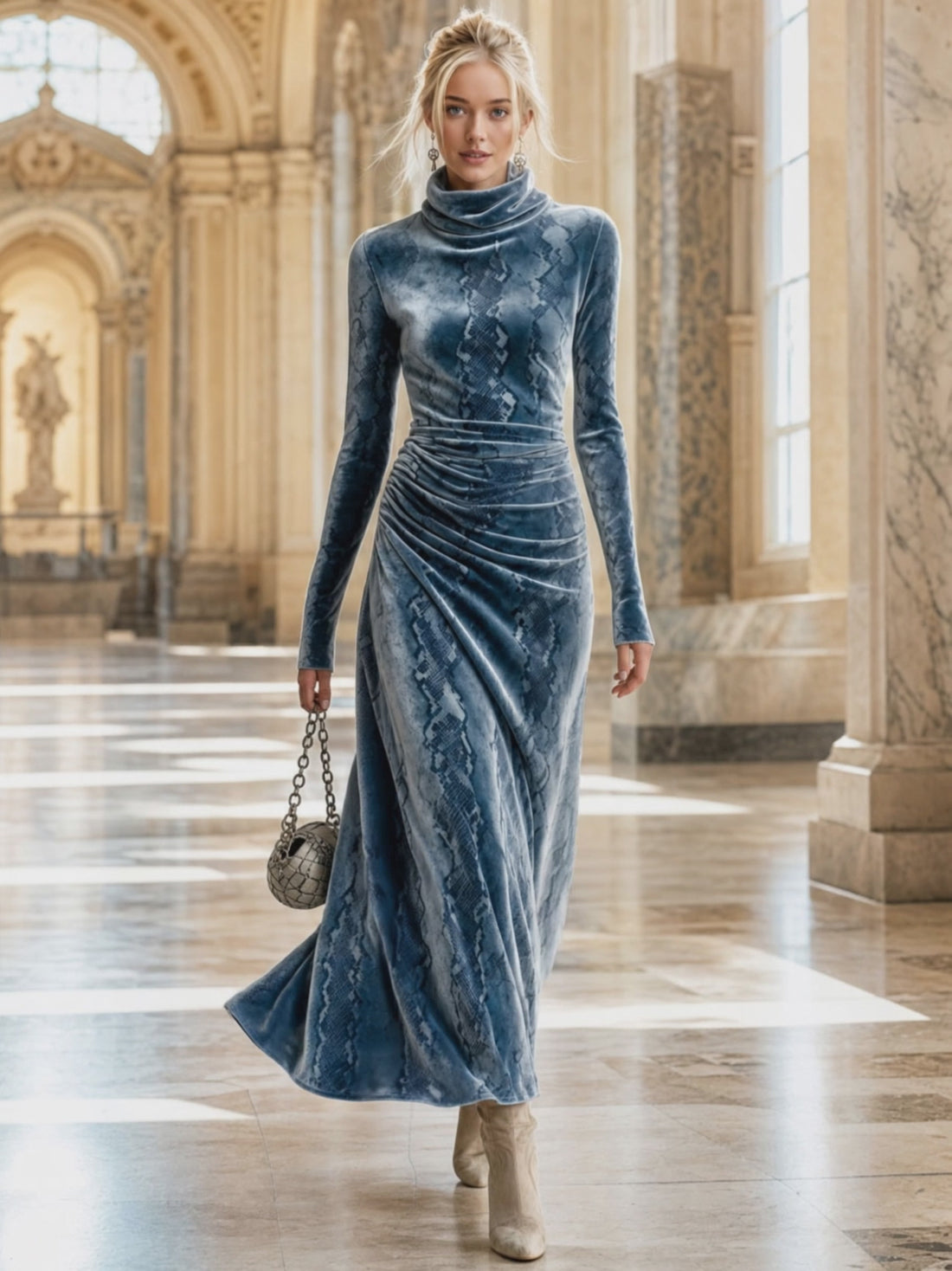 Retro Elegant Blue Snake-Print Turtleneck Ruched Velvet Maxi Dress
