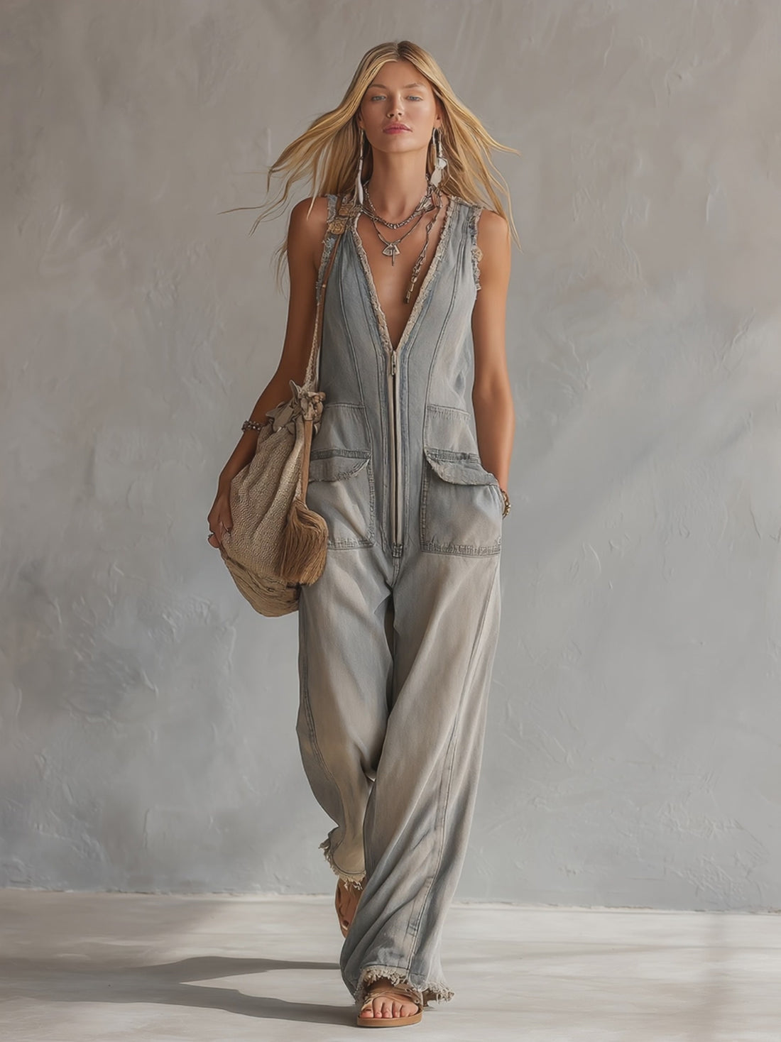 Retro Casual Distressed Gray-Blue Raw Hem Denim Jumpsuit