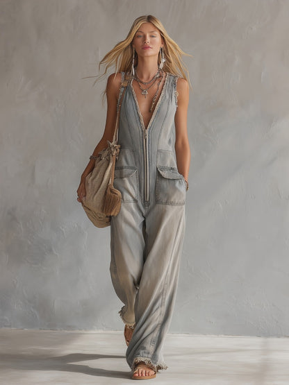 Retro Casual Distressed Gray-Blue Raw Hem Denim Jumpsuit