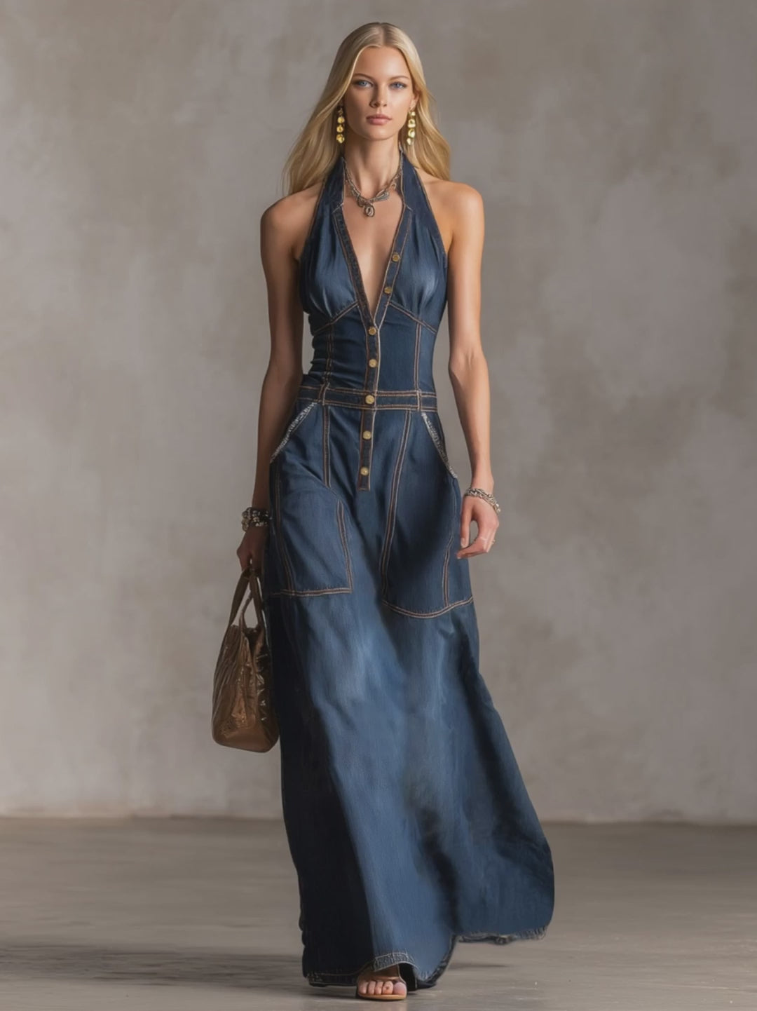 Halter Neck V-neck Button-down Double Pocket Sleeveless Denim Maxi Dress