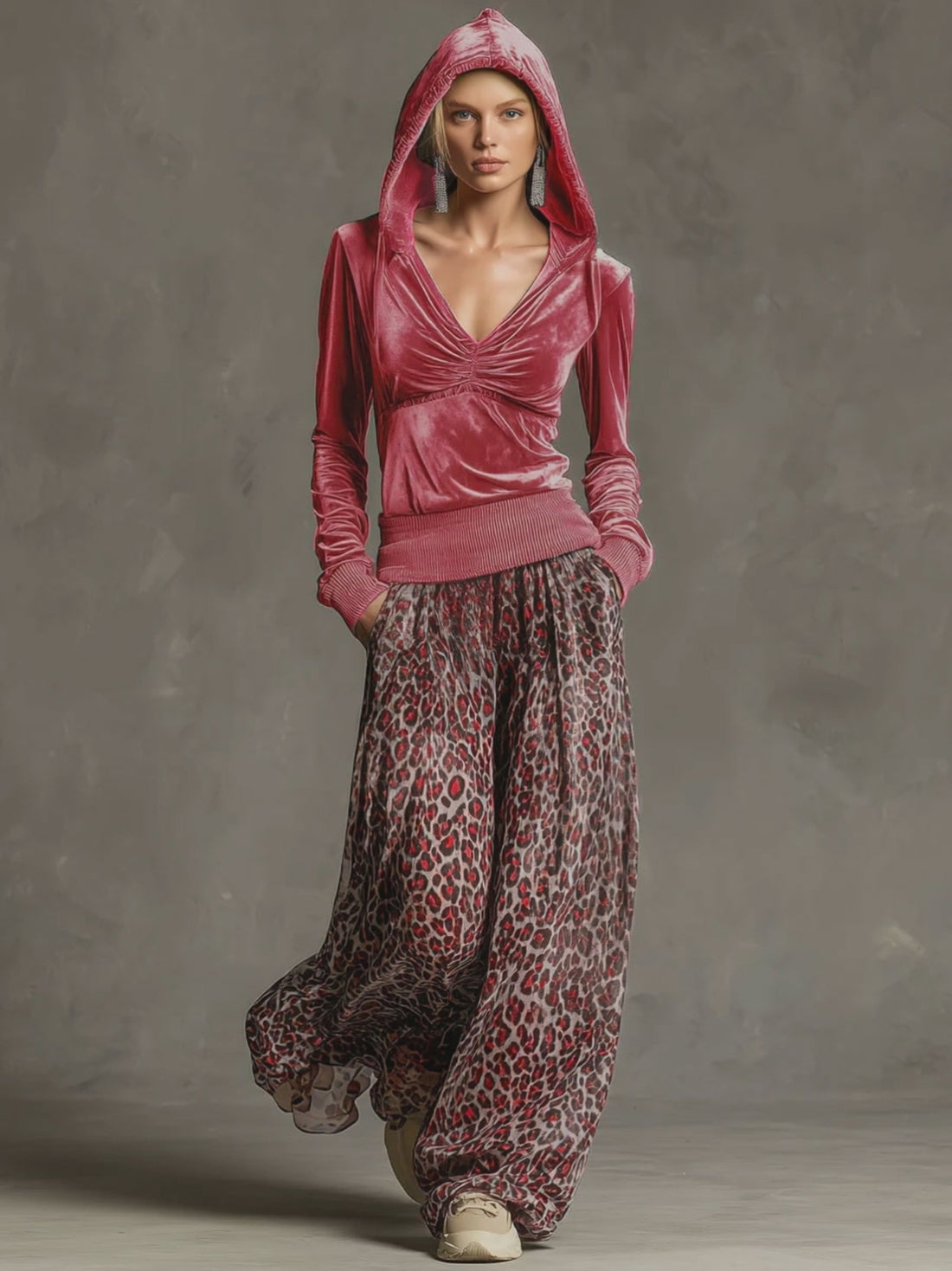 Casual Retro Pink Fleece Hooded Top And Chiffon Leopard Print Wide-leg Pants Set