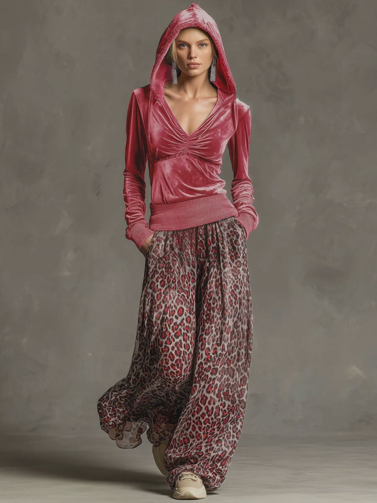 Casual Retro Pink Fleece Hooded Top And Chiffon Leopard Print Wide-leg Pants Set