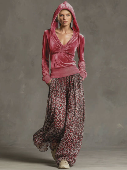 Casual Retro Pink Fleece Hooded Top And Chiffon Leopard Print Wide-leg Pants Set