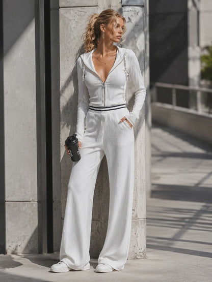 Elegant Sporty Striped Trim White Breathable Knit Hooded Jumpsuit