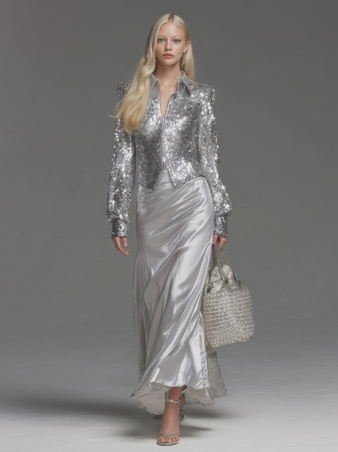 High-quality Elegant Fashion Lapel Zipper Sequin Shirt