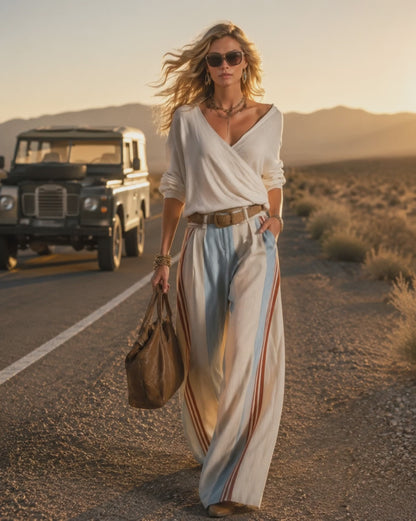 Retro Casual Ivory Surplice V-Neck Top And Blue Red Striped Wide-Leg Cotton-Linen Pants Set
