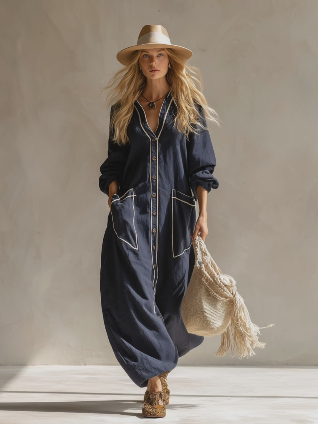 Elegant Urban-style Navy Blue Cotton And Linen Maxi Dress