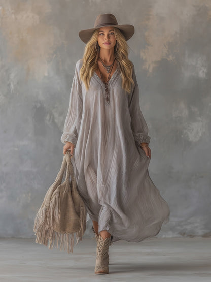 Lazy And Elegant V-neck Light Gray Crinkled Chiffon Maxi Dress