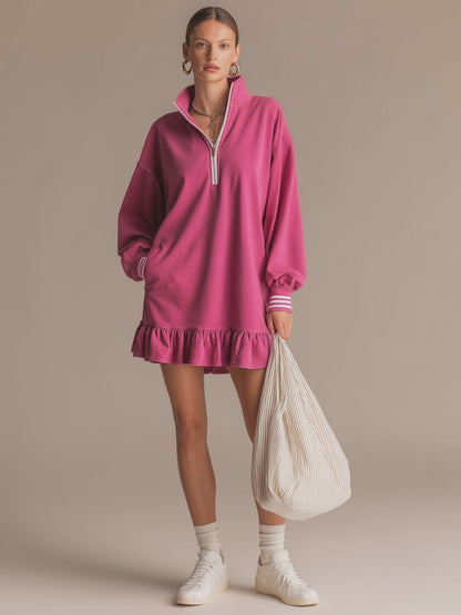 Sporty Retro Pink Cotton Half-Zip Ruffle Sweatshirt Mini Dress