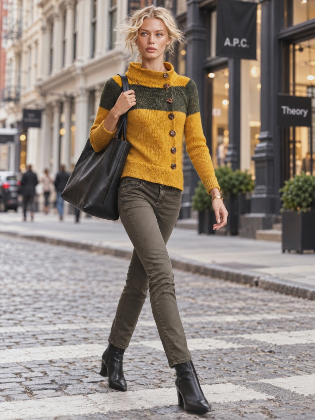 Retro Chic Mustard Color Block Mock Neck Button Front Knit Sweater Top