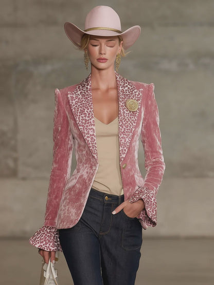 Lapel Contrast Leopard Print Velvet Blazer