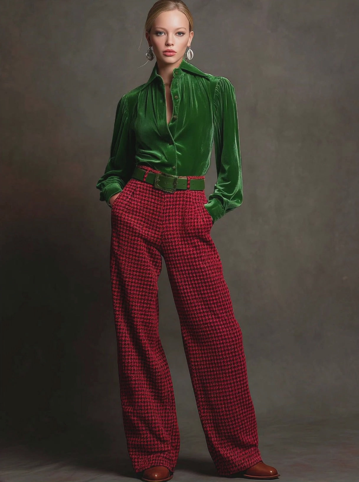 Retro Green Velvet Pleated Long-sleeved Shirt And Houndstooth Wide-leg Pants Set