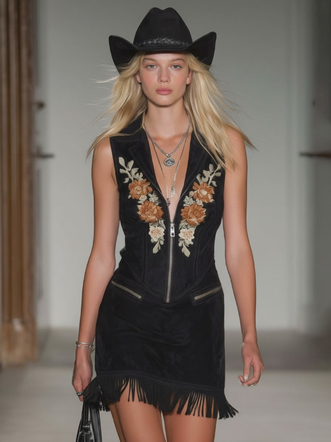 Black Faux Suede Vintage Floral Embroidered Zip-up Mini Dress