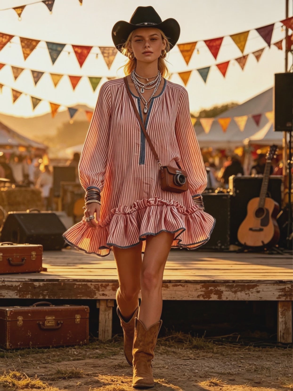 Casual Retro Ruffled Red And White Striped Cotton Linen Long-sleeved Mini Dress