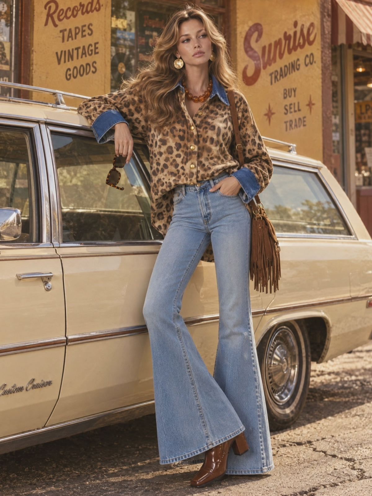 Casual Retro Faux Suede Leopard Print Denim Patchwork Long-sleeved Shirt