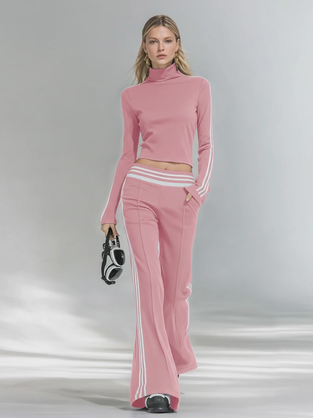 Sporty And Stylish Stand-up Collar T-shirt And Flared Pants Set