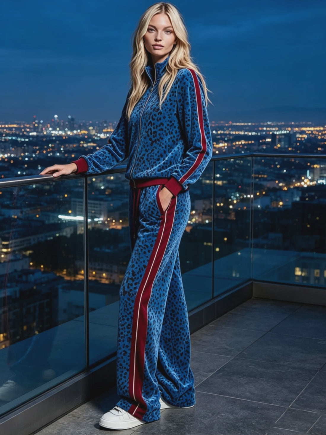 Casual Retro Zip-up Blue Velvet Leopard Print Jacket And Pants Set