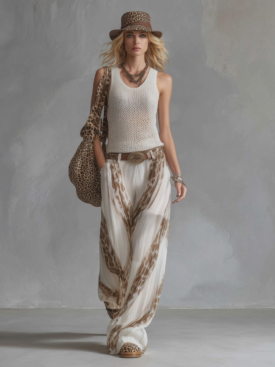 Elegant Vacation Style White Mesh Knit Tank Top Chiffon Printed Wide-leg Pants Set