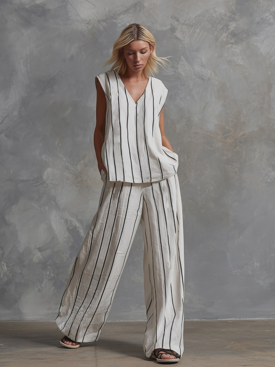 Classic Striped White Cotton Sleeveless Top And Wide-leg Pants Set