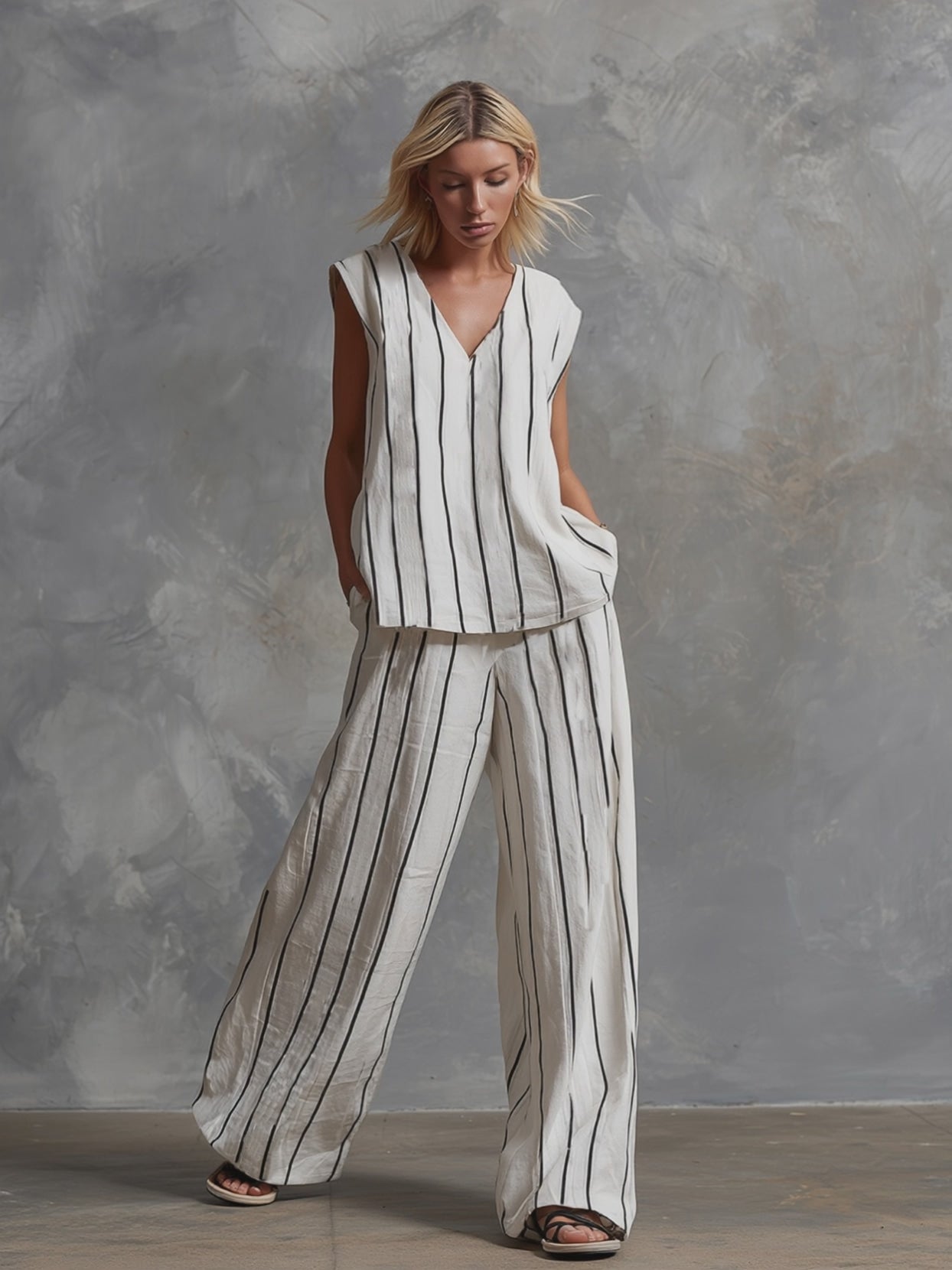 Classic Striped White Cotton Sleeveless Top And Wide-leg Pants Set