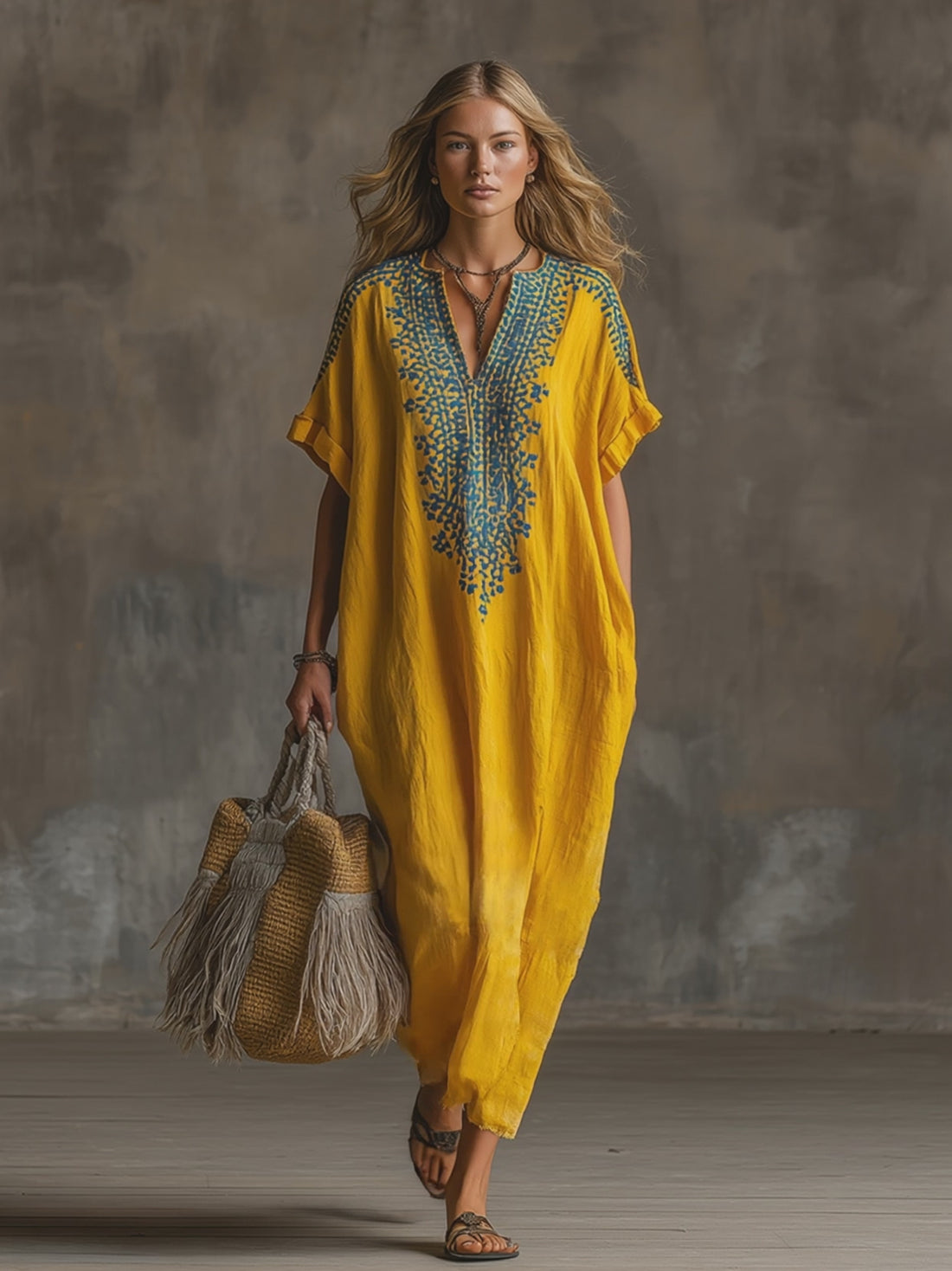 Elegant And Exquisite Embroidered Yellow Cotton And Linen Short-sleeved Maxi Dress