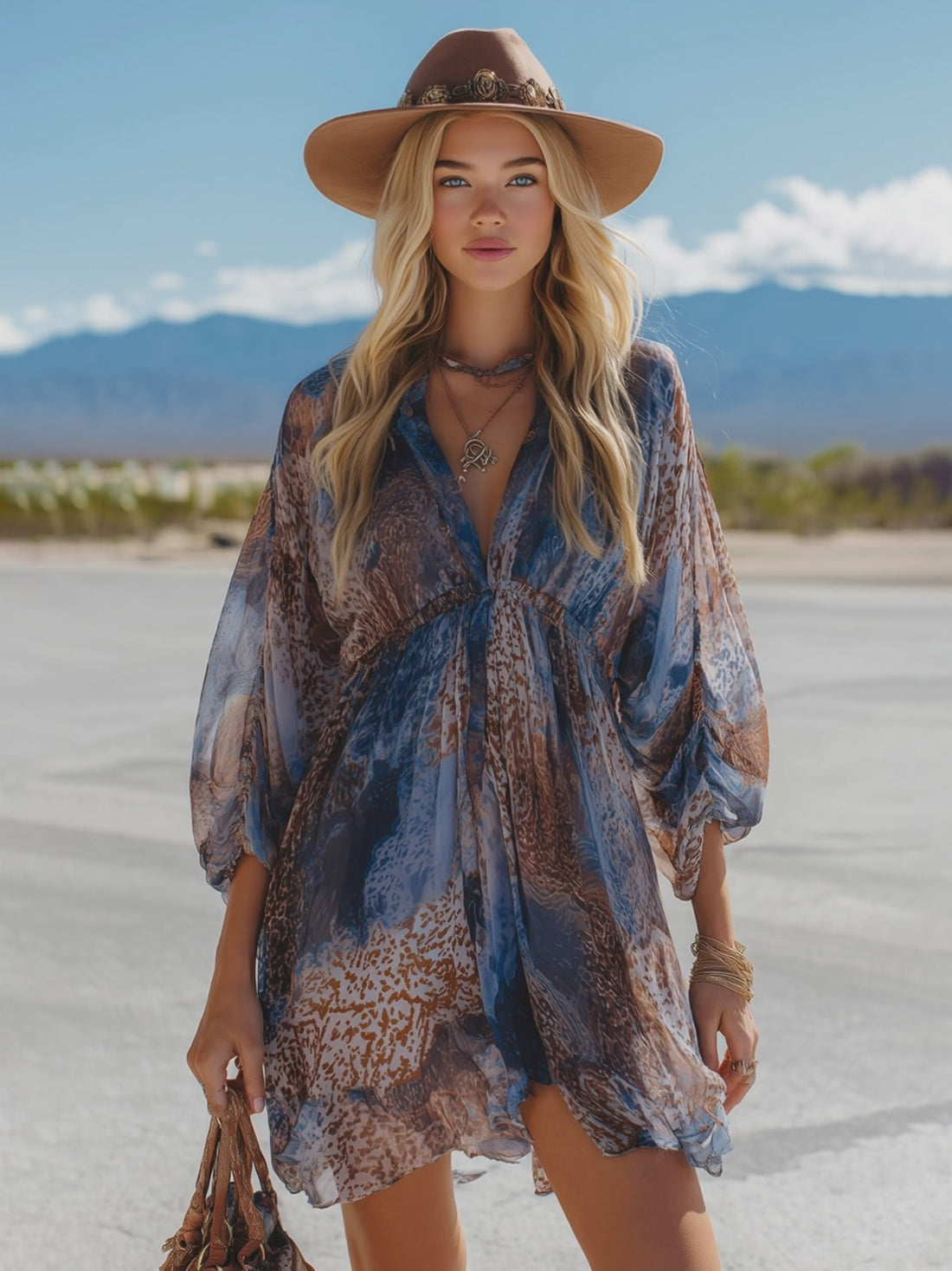 Retro Western-Style Blue Ombré Animal Print Chiffon Mini Dress