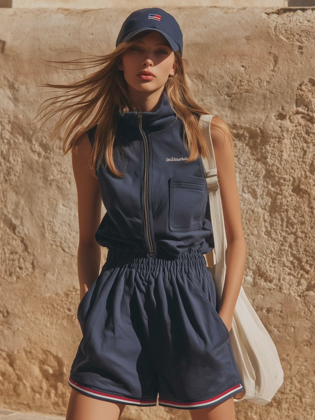 Stand-up Collar Zippered Elastic Waist Sleeveless Short Jumpsuit