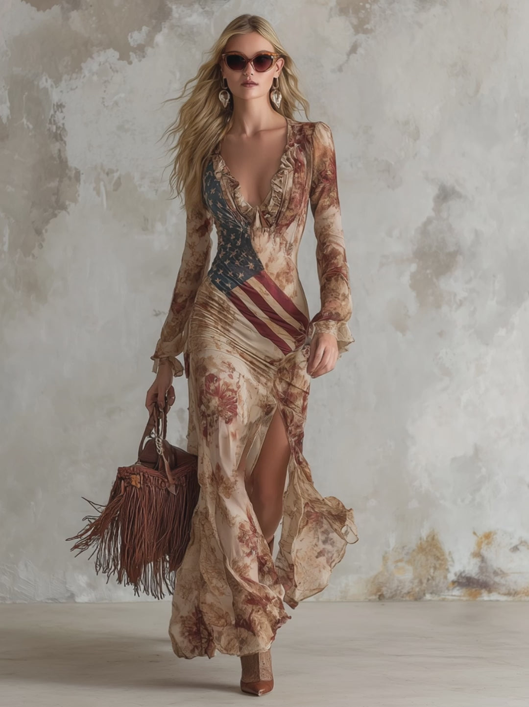 Vintage Bohemian Apricot Floral Print Chiffon Long-sleeved Maxi Dress