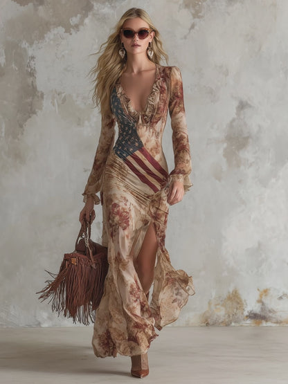 Vintage Bohemian Apricot Floral Print Chiffon Long-sleeved Maxi Dress