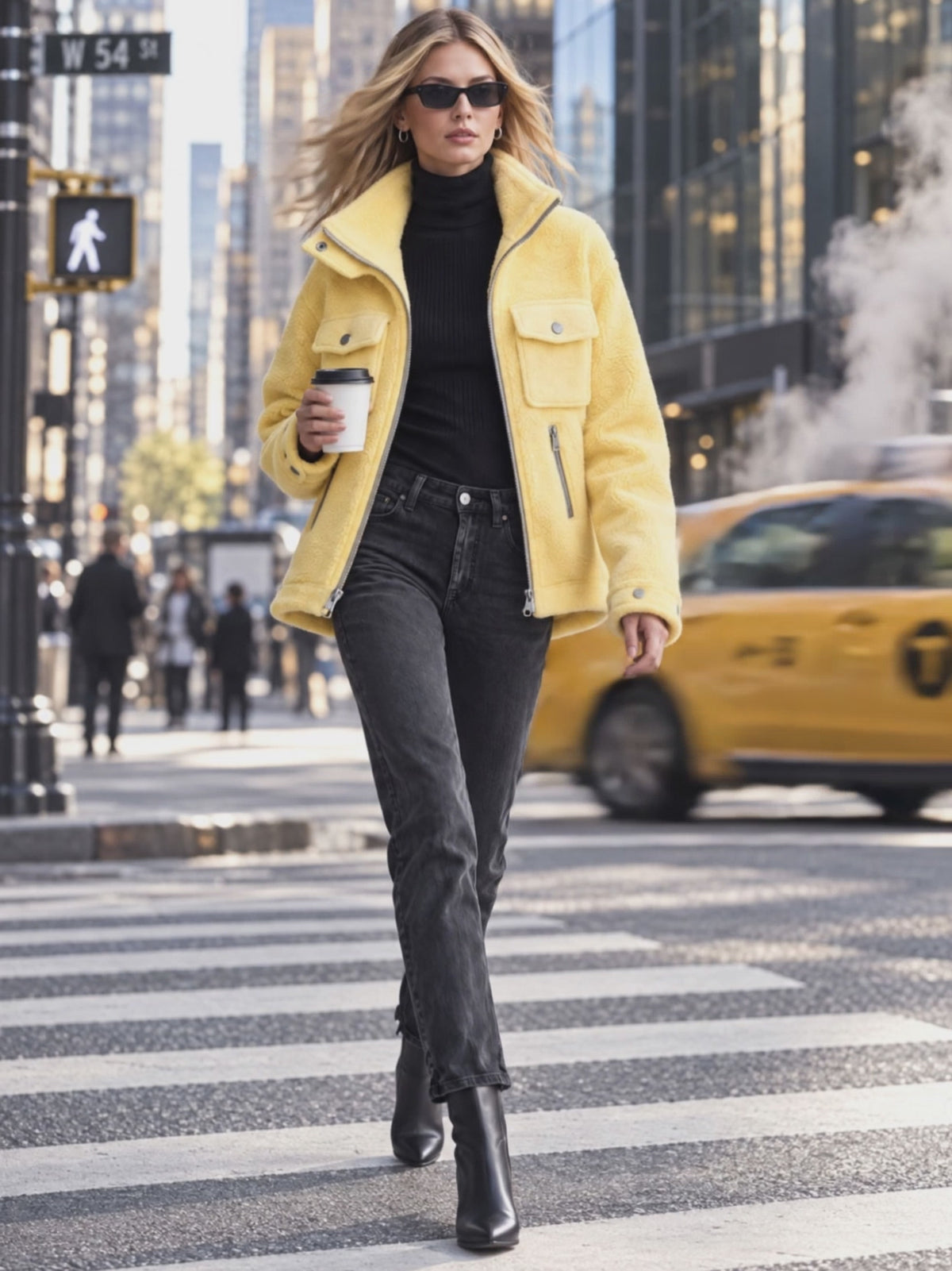 Retro Chic Yellow Pocket Zip-up Fleece Coat