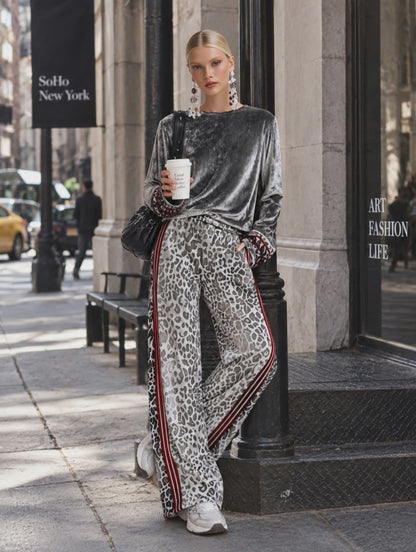 Chic Casual Striped Trim Grey Leopard-print Wide-leg Pants