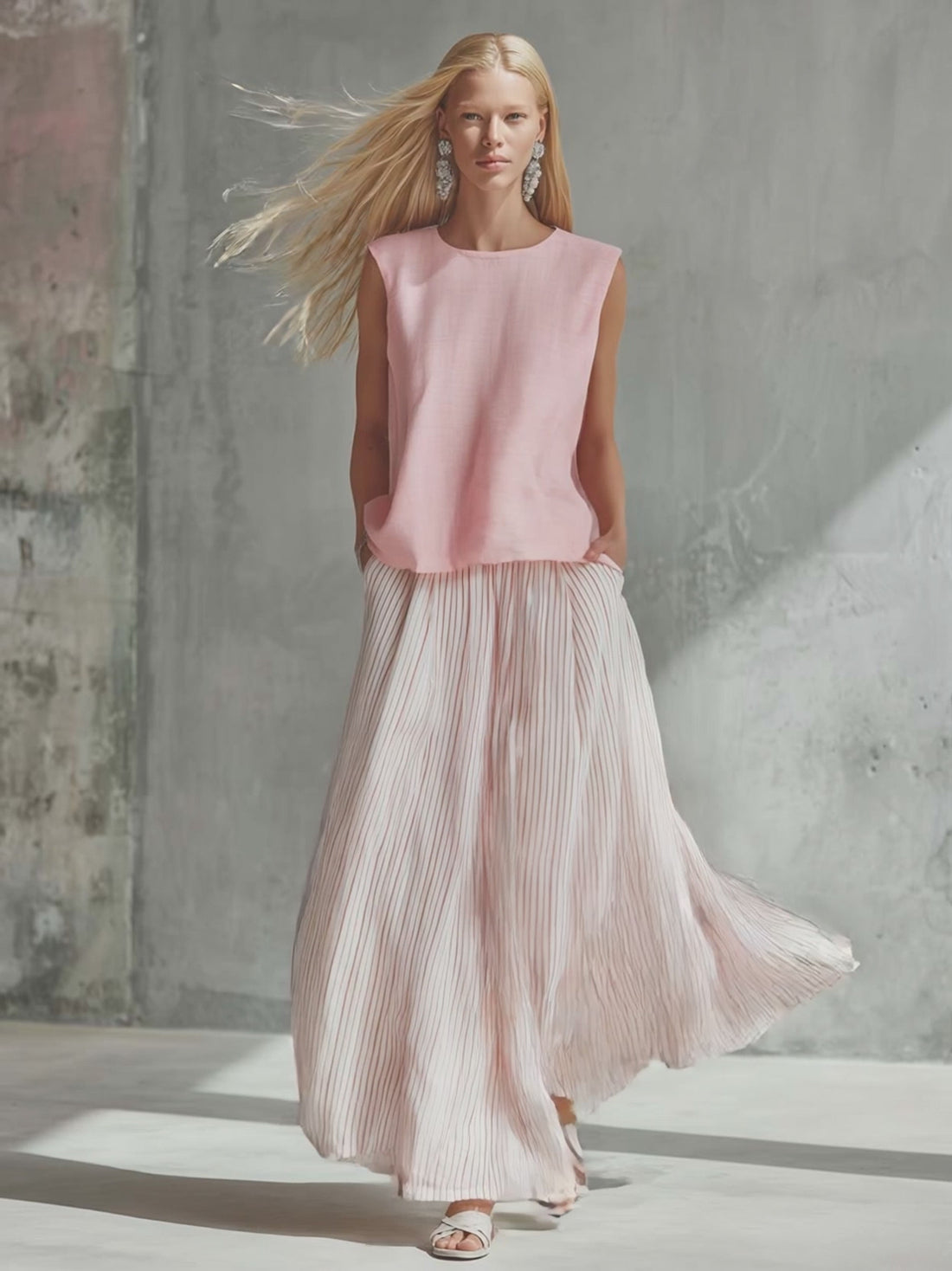 Casual Vacation Light Pink Cotton-Linen Crew-Neck Top And Striped Chiffon Maxi Skirt Set