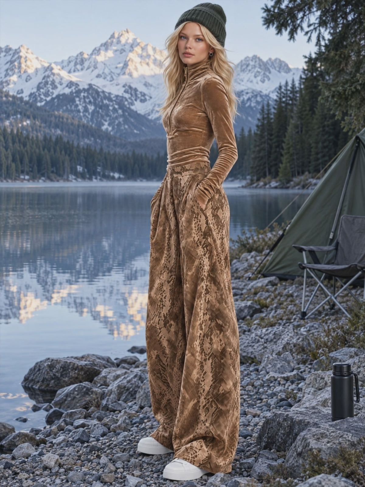 Retro-elegant Brown Turtleneck Velvet Top And Snakeskin Print Trousers Set