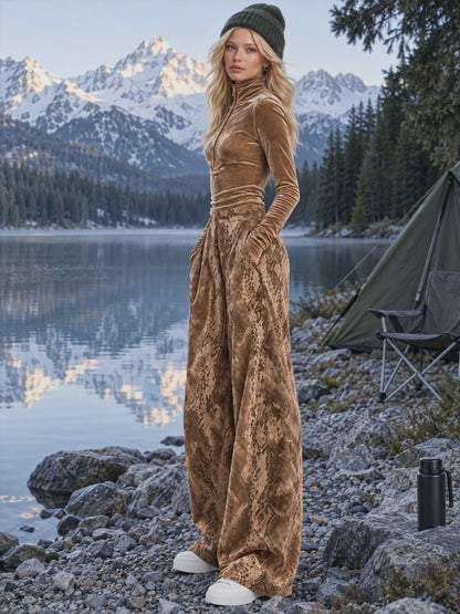 Retro-elegant Brown Turtleneck Velvet Top And Snakeskin Print Trousers Set