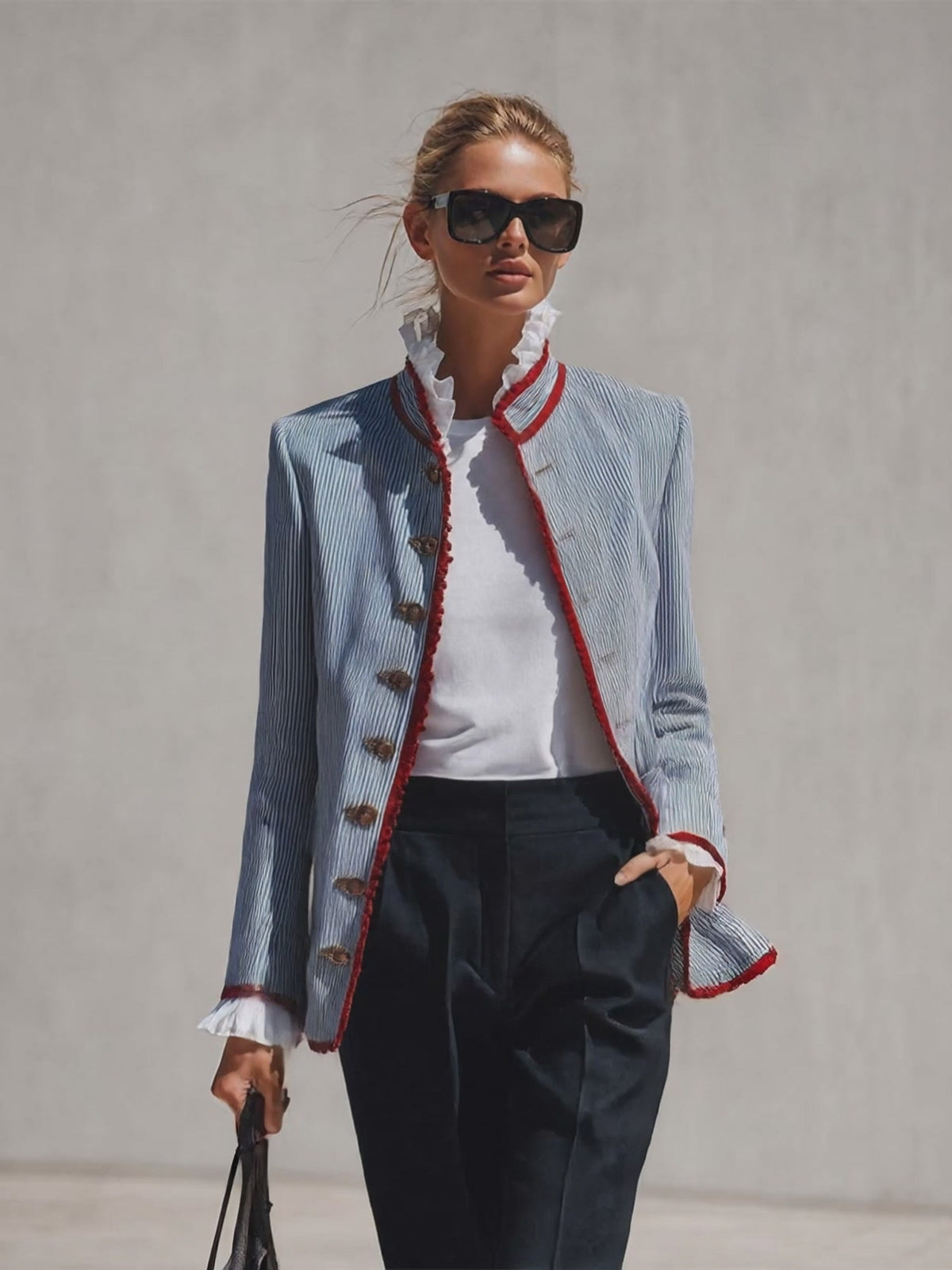 elegant-vintage-ruffled-stand-collar-lace-trim-blue-and-white-striped-jacket - Oyrosy