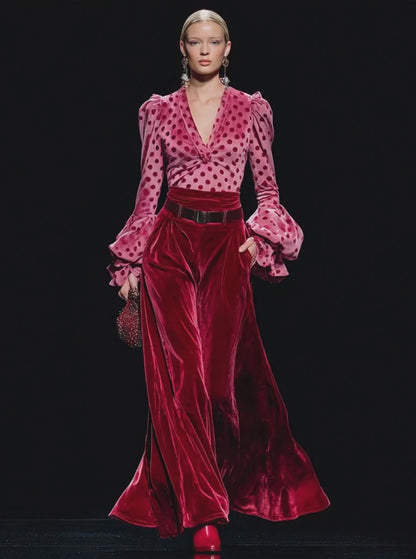 Trendy Retro Polka Dot Red Velvet V-neck Long-sleeved T-shirt And Wide-leg Pants Set
