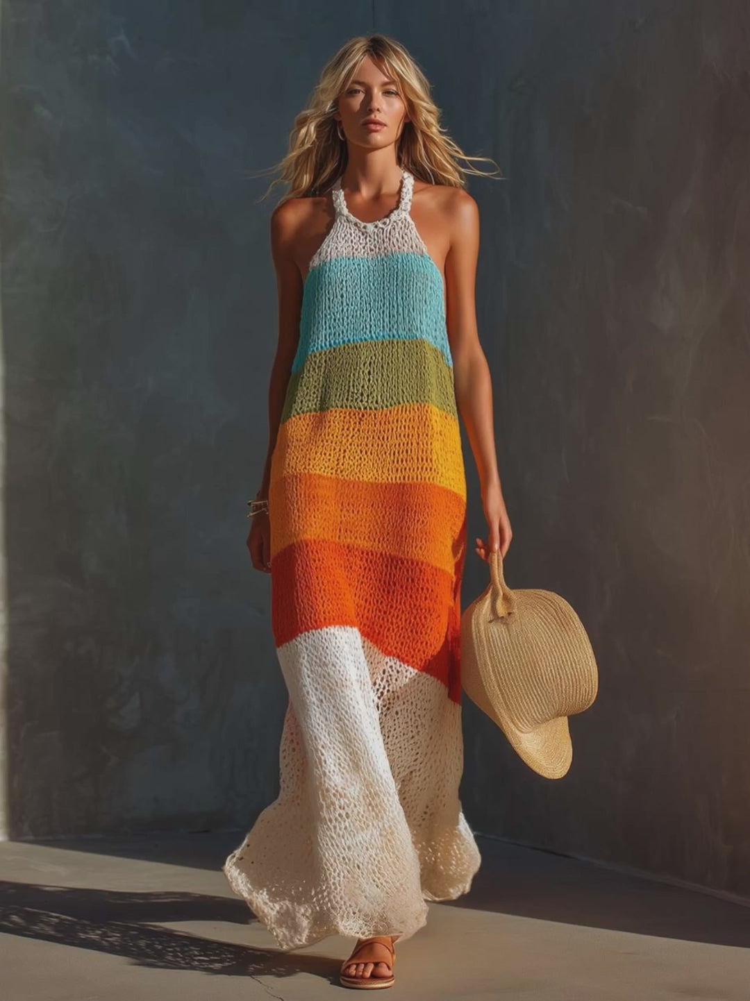 Breathable Vacation Halter-Neck Lightweight Striped Knit Maxi Dress